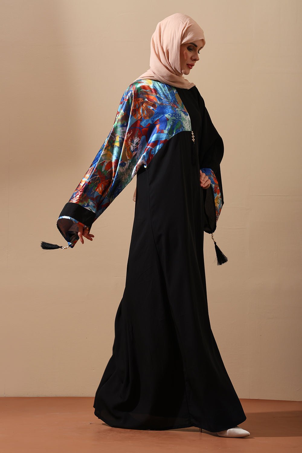 Black Abaya with Artistic Printed Sleeves - EastEssence.com