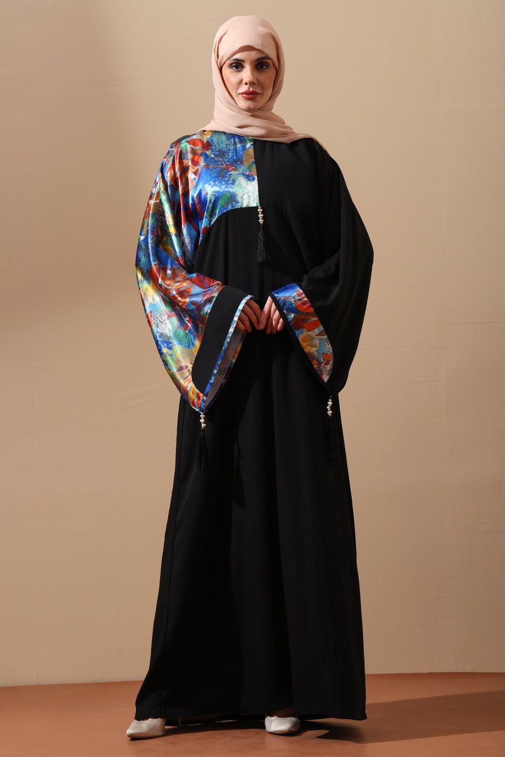 Black Abaya with Artistic Printed Sleeves - EastEssence.com