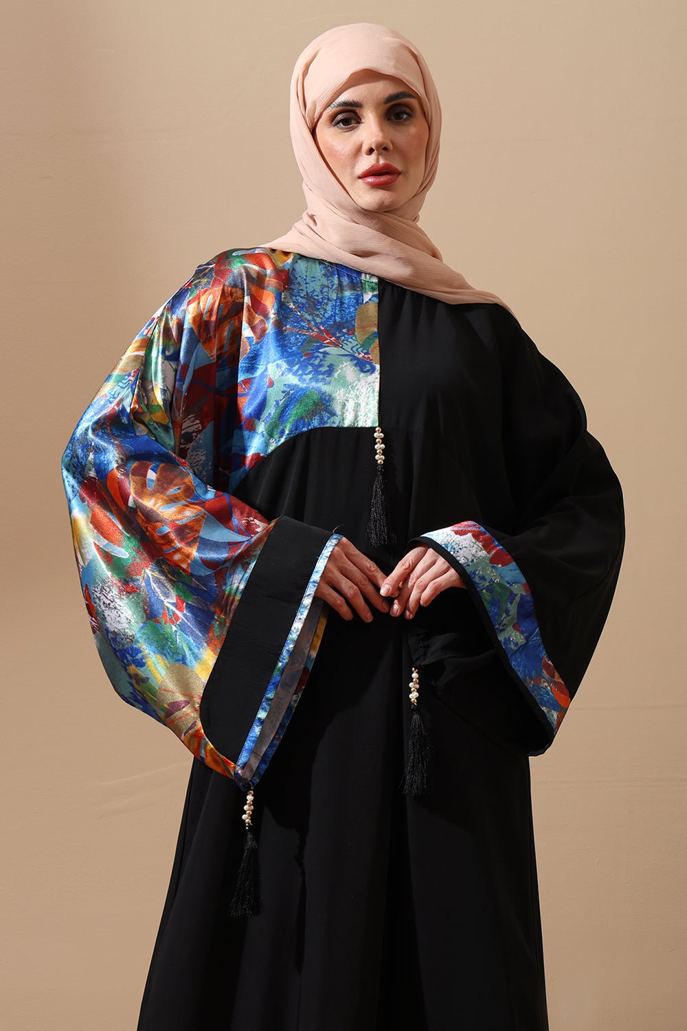Black Abaya with Artistic Printed Sleeves - EastEssence.com