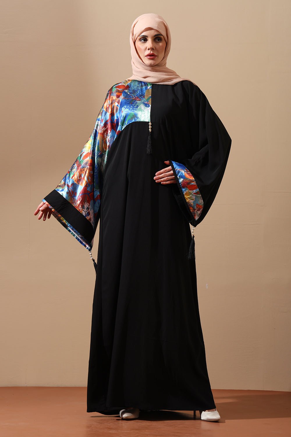 Black Abaya with Artistic Printed Sleeves - EastEssence.com