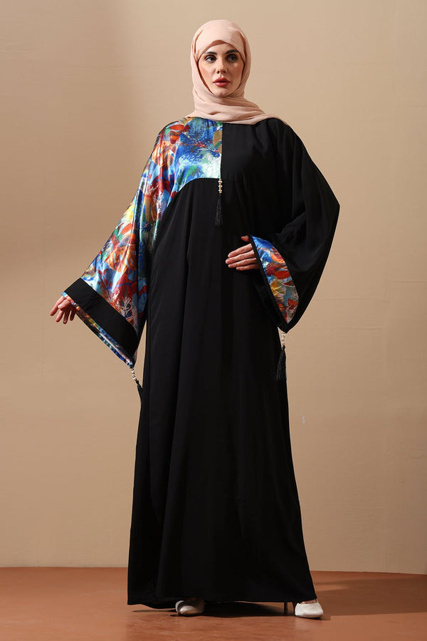 Black Abaya with Artistic Printed Sleeves - EastEssence.com