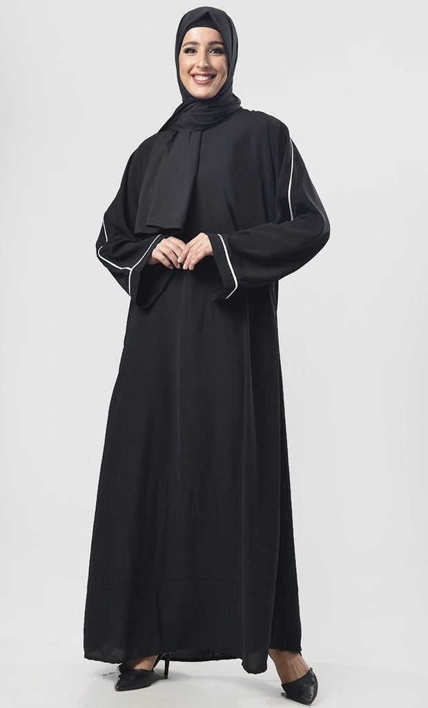 Black Contrast Color Piping Detailing Abaya - Final Sale - EastEssence.com