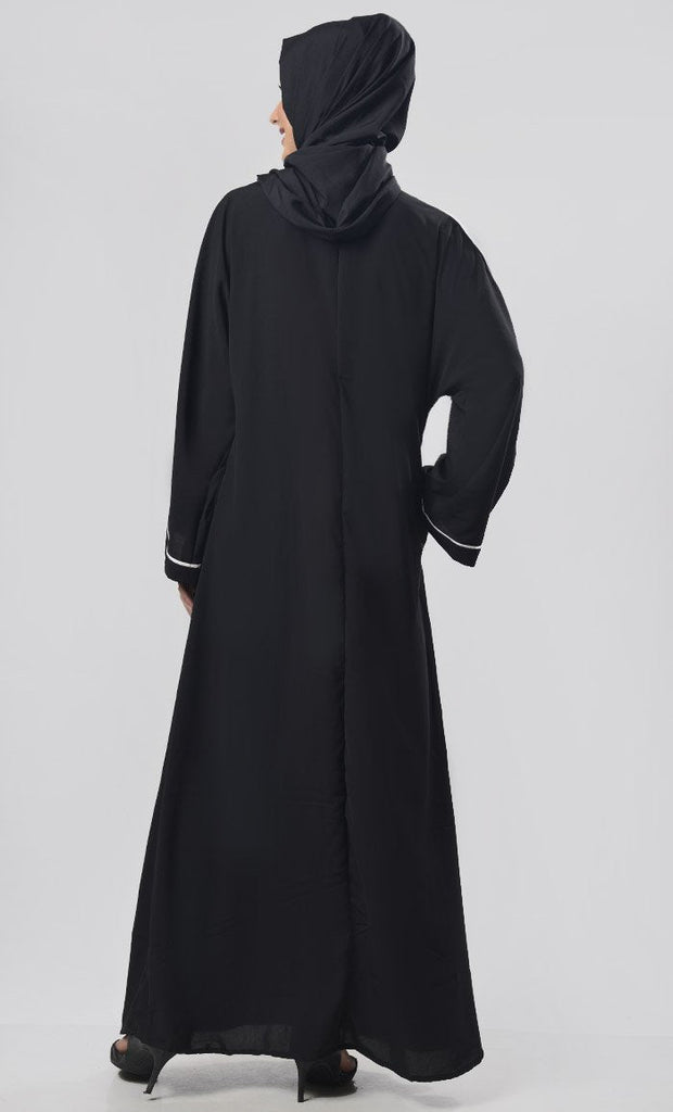 Black Contrast Color Piping Detailing Abaya - Final Sale - EastEssence.com