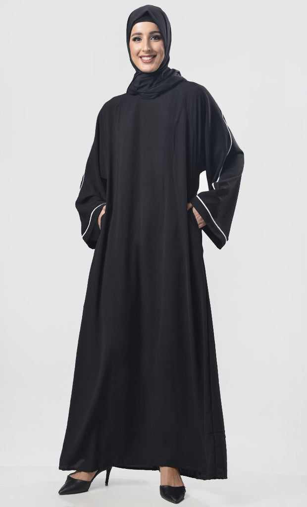 Black Contrast Color Piping Detailing Abaya - Final Sale - EastEssence.com