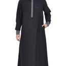 Black Dishdasha With Grey Accent Placket And Cuffs - EastEssence.com