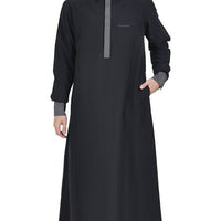 Black Dishdasha With Grey Accent Placket And Cuffs - EastEssence.com