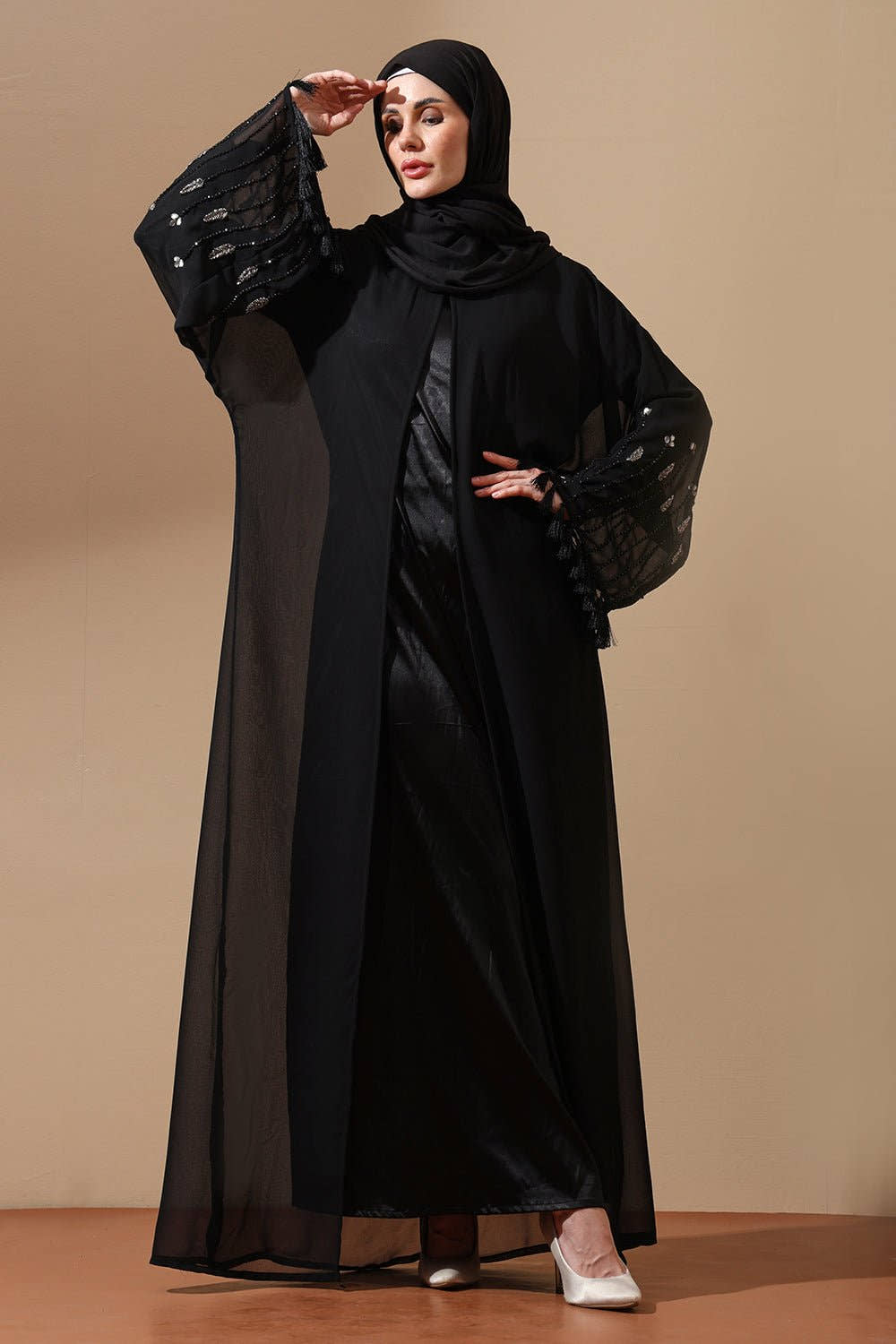 Black Embellished Sheer Sleeve Abaya with Tassels - EastEssence.com