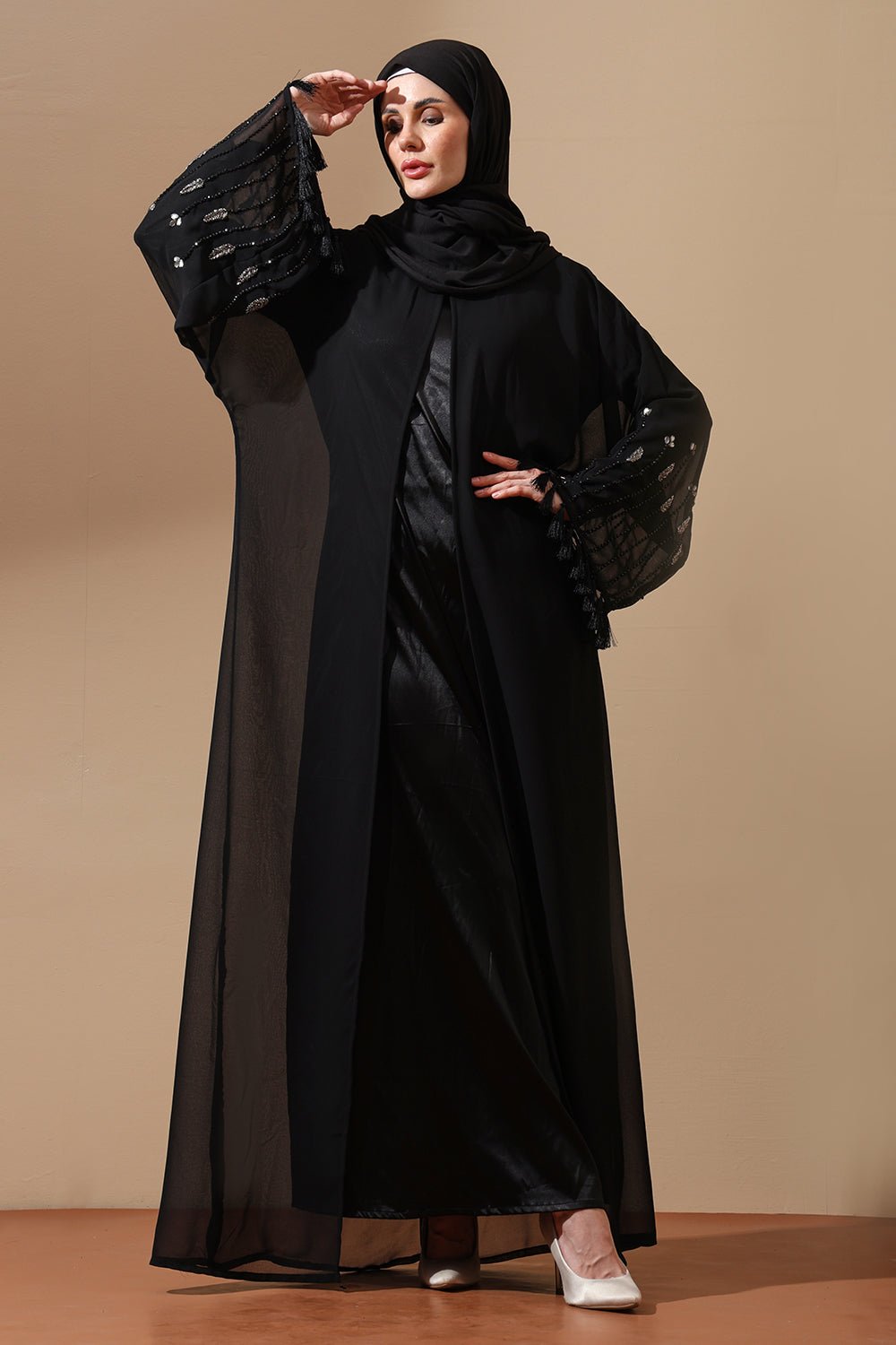 Black Embellished Sheer Sleeve Abaya with Tassels - EastEssence.com