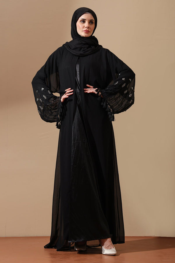 Black Embellished Sheer Sleeve Abaya with Tassels - EastEssence.com