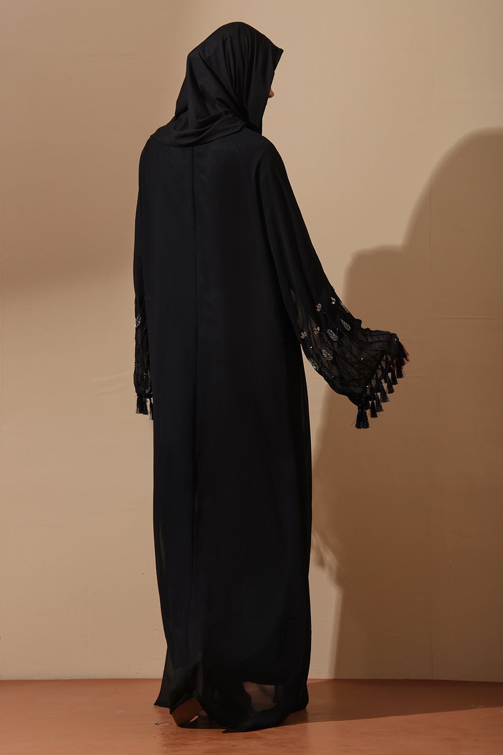 Black Embellished Sheer Sleeve Abaya with Tassels - EastEssence.com