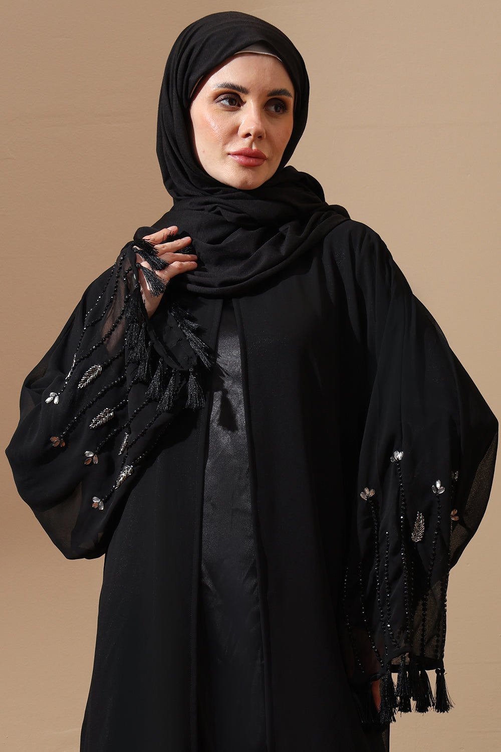Black Embellished Sheer Sleeve Abaya with Tassels - EastEssence.com