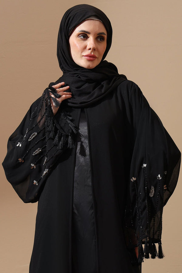 Black Embellished Sheer Sleeve Abaya with Tassels - EastEssence.com