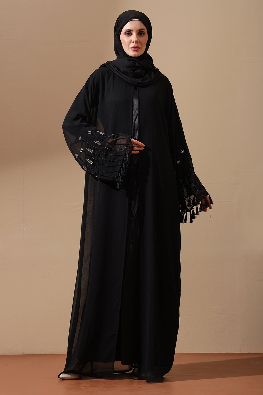 Black Embellished Sheer Sleeve Abaya with Tassels - EastEssence.com
