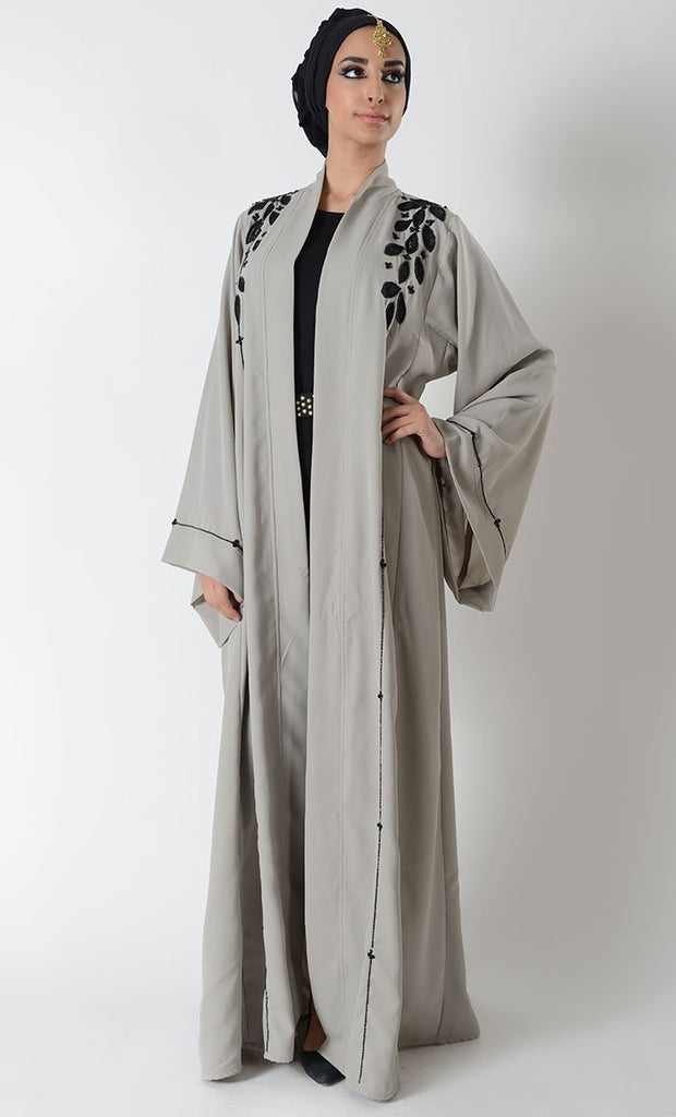 Black Embroidered Eid Bisht Duster + Hijab - EastEssence.com