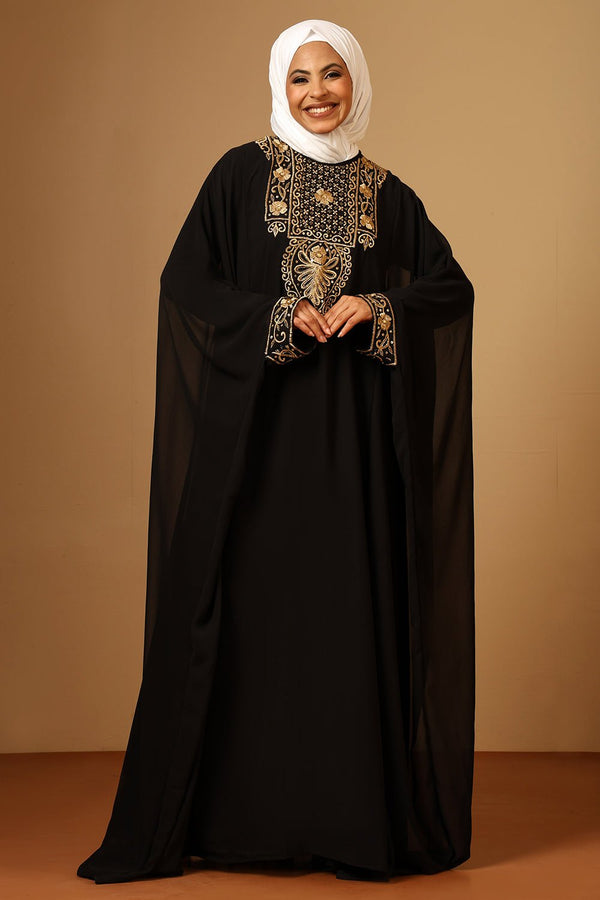 Black Fine Georgette Kaftan Abaya with Intricate Gold Zari Embroidery - EastEssence.com