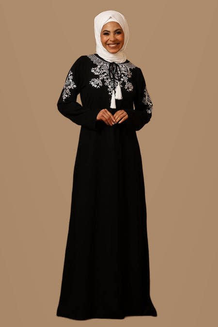 Black Firdous Embroidered Abaya with Tassel Tie-Up Neck - EastEssence.com