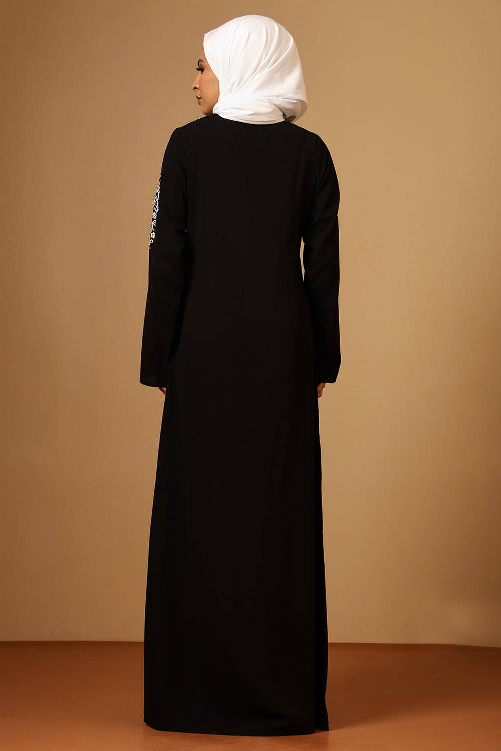 Black Firdous Embroidered Abaya with Tassel Tie - Up Neck - EastEssence.com