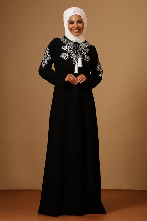 Black Firdous Embroidered Abaya with Tassel Tie - Up Neck - EastEssence.com