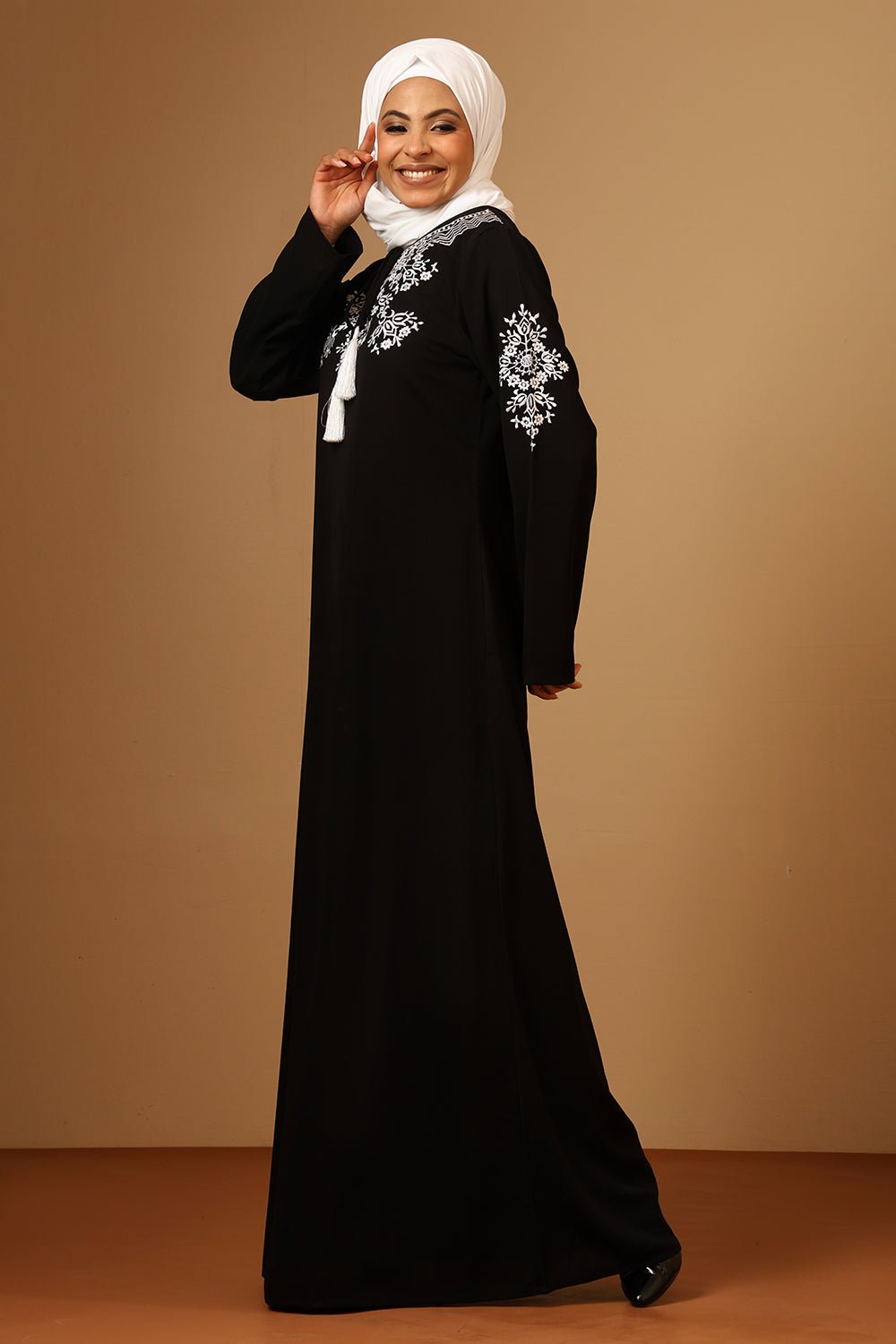 Black Firdous Embroidered Abaya with Tassel Tie - Up Neck - EastEssence.com