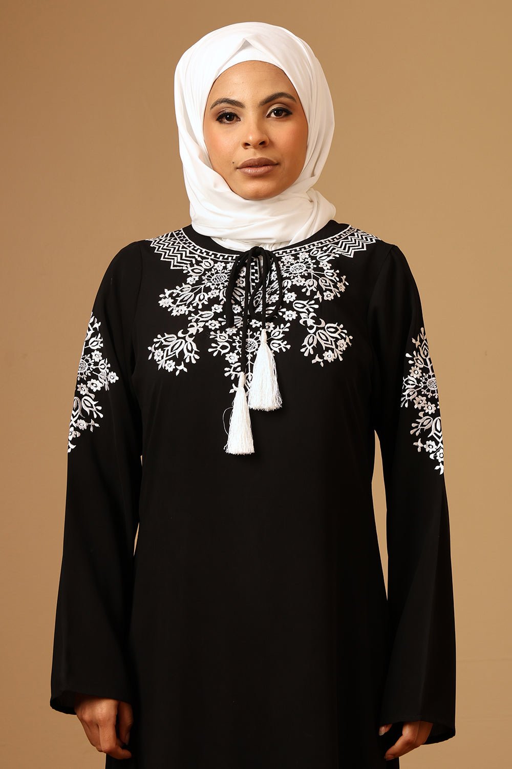 Black Firdous Embroidered Abaya with Tassel Tie - Up Neck - EastEssence.com
