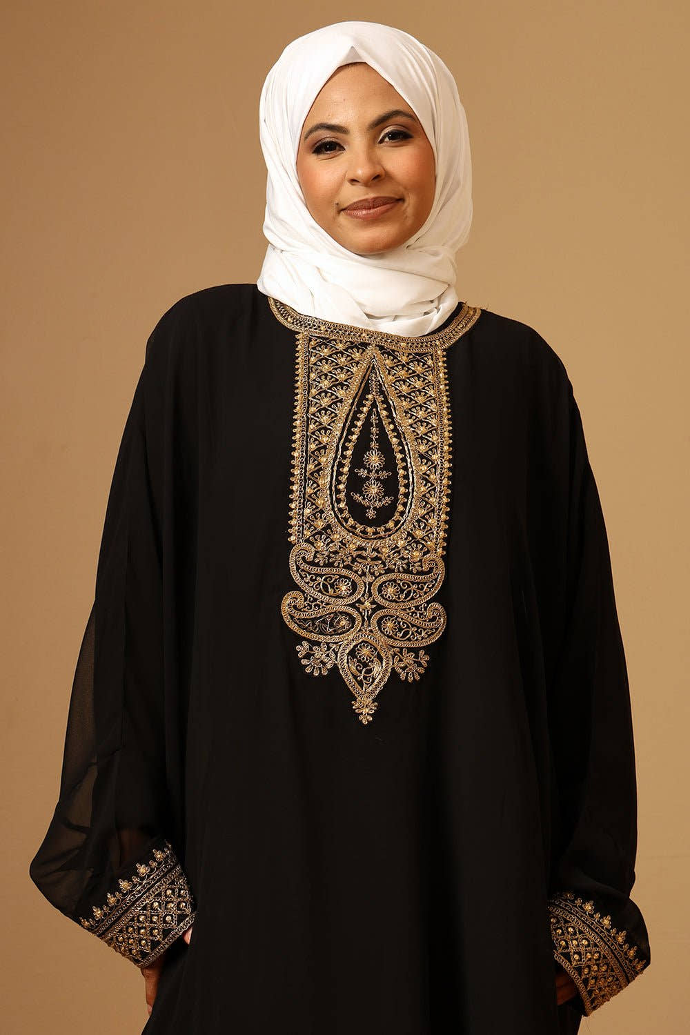 Black Georgette Gold Zari embroidered Kaftan Abaya with lining - EastEssence.com