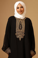 Black Georgette Gold Zari embroidered Kaftan Abaya with lining - EastEssence.com