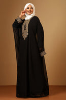 Black Georgette Gold Zari embroidered Kaftan Abaya with lining - EastEssence.com