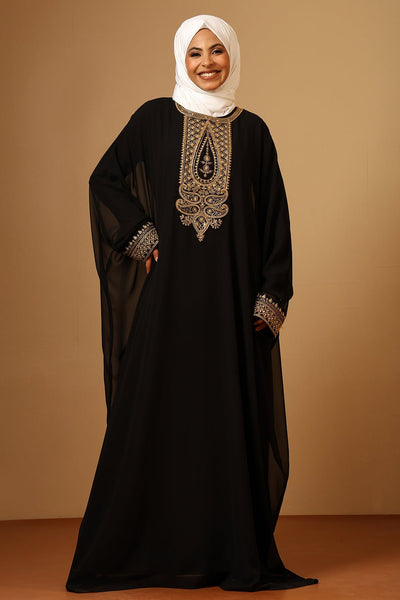 Black Georgette Gold Zari embroidered Kaftan Abaya with lining - EastEssence.com