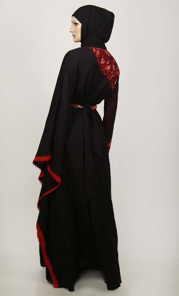 Black Semi Kaftan Embroidered Abaya With Graceful Lace On Border - Final Sale - EastEssence.com