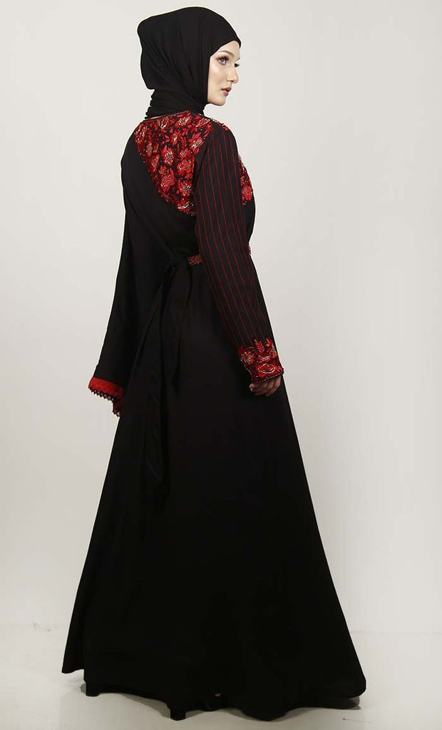 Black Semi Kaftan Embroidered Abaya With Graceful Lace On Border - Final Sale - EastEssence.com