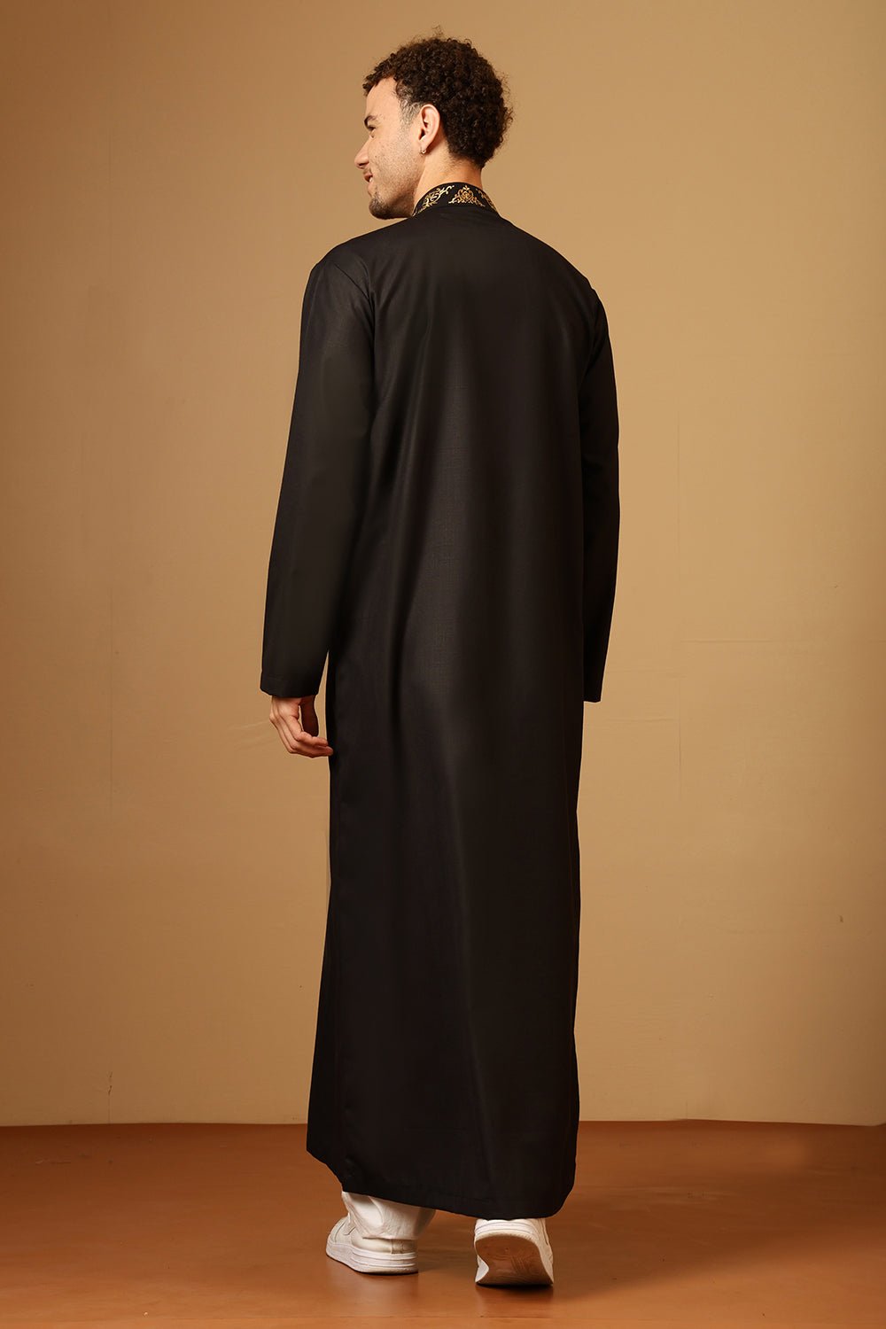 Black Slub Poplin Thobe with Gold Embroidered Neck & Chest - EastEssence.com