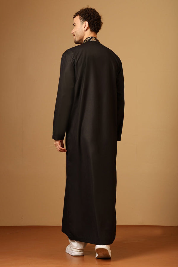 Black Slub Poplin Thobe with Gold Embroidered Neck & Chest - EastEssence.com