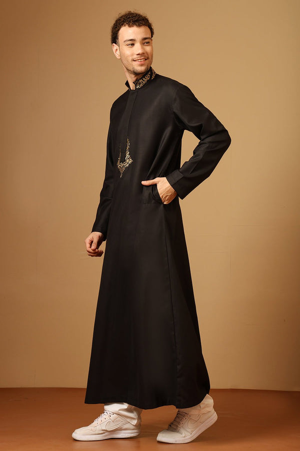 Black Slub Poplin Thobe with Gold Embroidered Neck & Chest - EastEssence.com