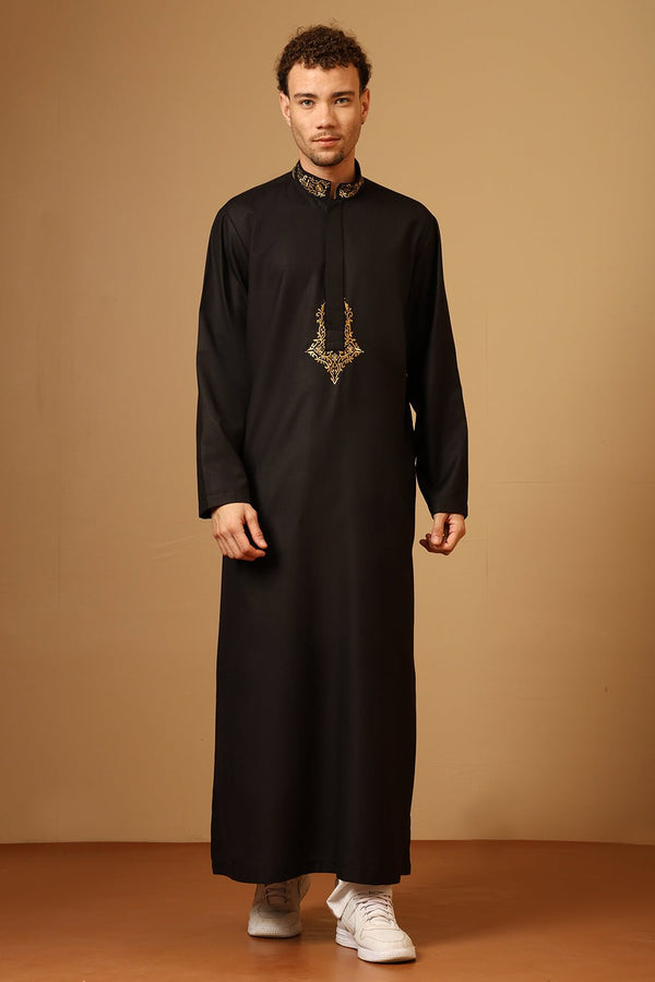 Black Slub Poplin Thobe with Gold Embroidered Neck & Chest - EastEssence.com