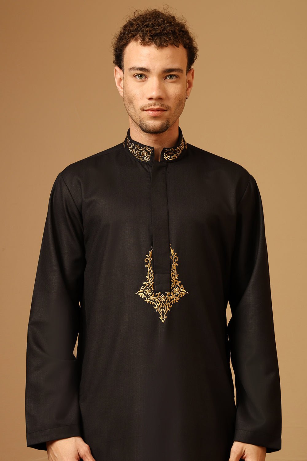 Black Slub Poplin Thobe with Gold Embroidered Neck & Chest - EastEssence.com