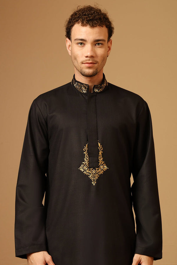Black Slub Poplin Thobe with Gold Embroidered Neck & Chest - EastEssence.com