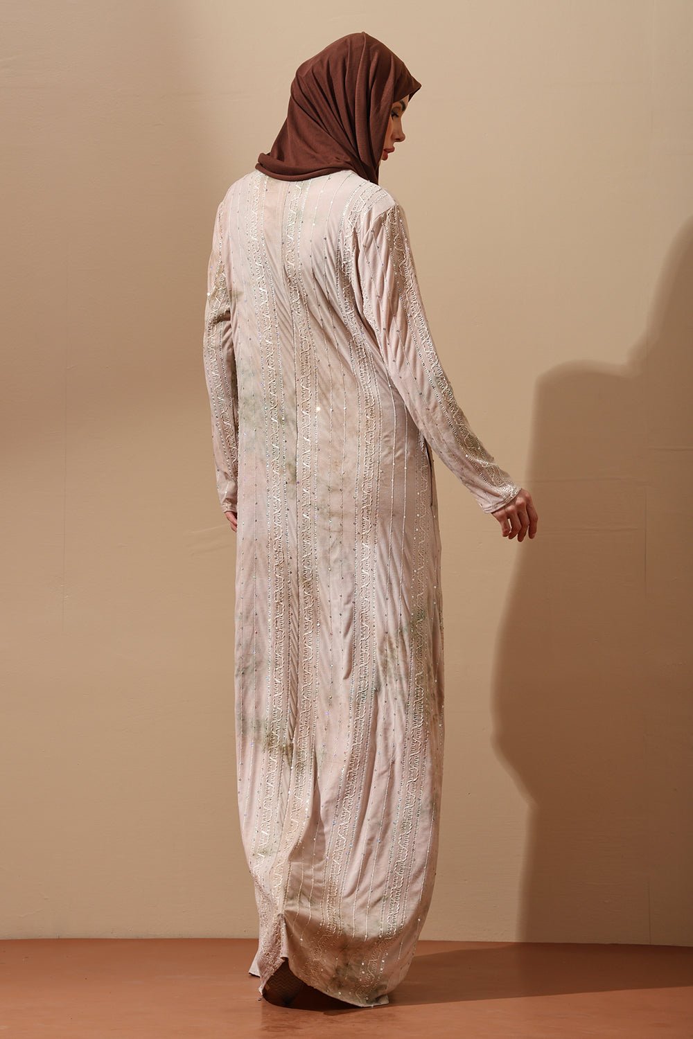 Blush Beige Embellished Abaya with tie dye Details - EastEssence.com