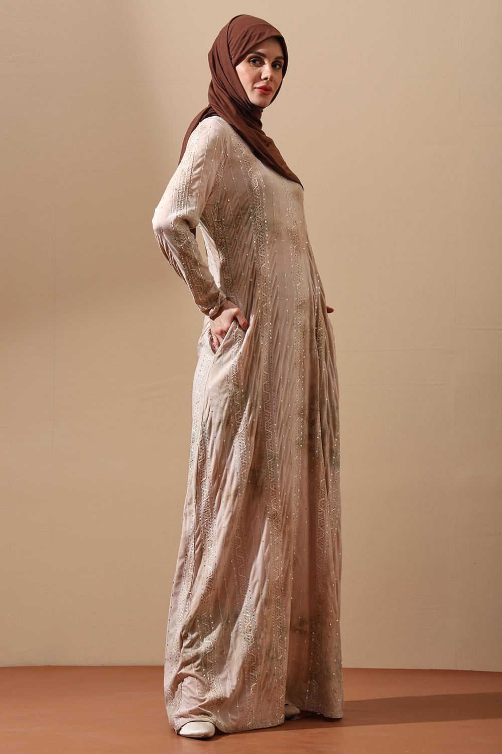 Blush Beige Embellished Abaya with tie dye Details - EastEssence.com