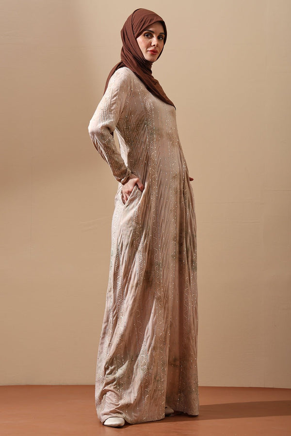 Blush Beige Embellished Abaya with tie dye Details - EastEssence.com