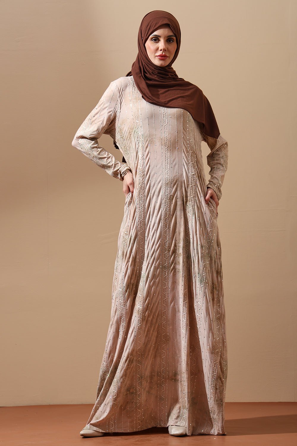 Blush Beige Embellished Abaya with tie dye Details - EastEssence.com