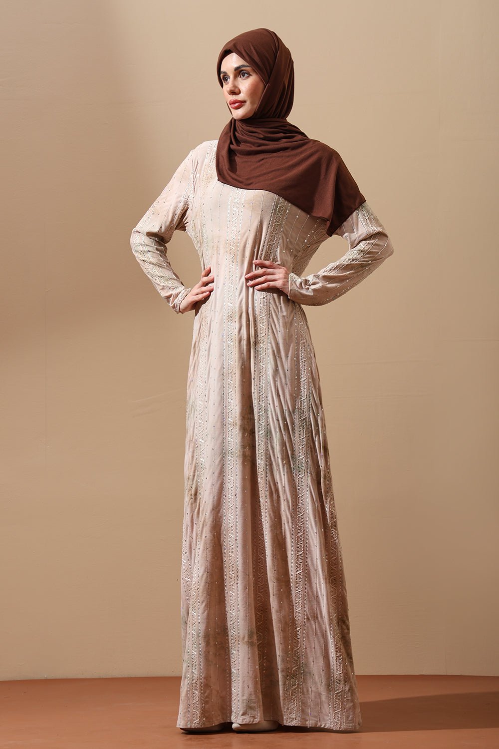 Blush Beige Embellished Abaya with tie dye Details - EastEssence.com