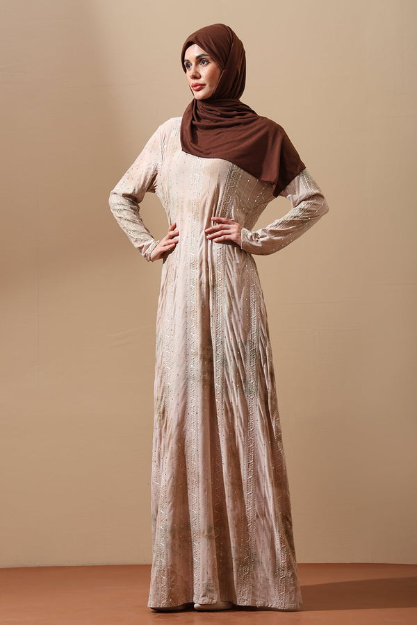 Blush Beige Embellished Abaya with tie dye Details - EastEssence.com