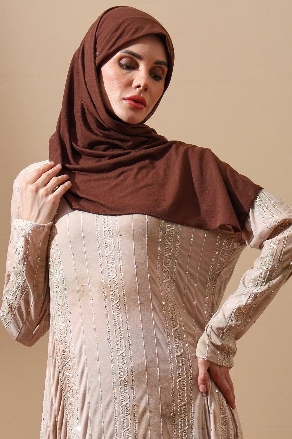 Blush Beige Embellished Abaya with tie dye Details - EastEssence.com