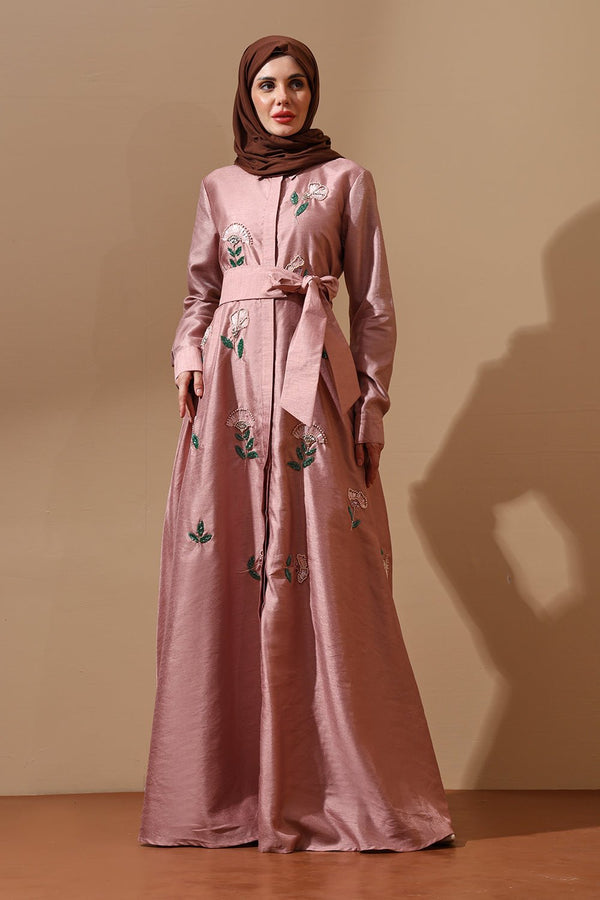 Blush Bloom Embroidered Belted Abaya Dress - EastEssence.com