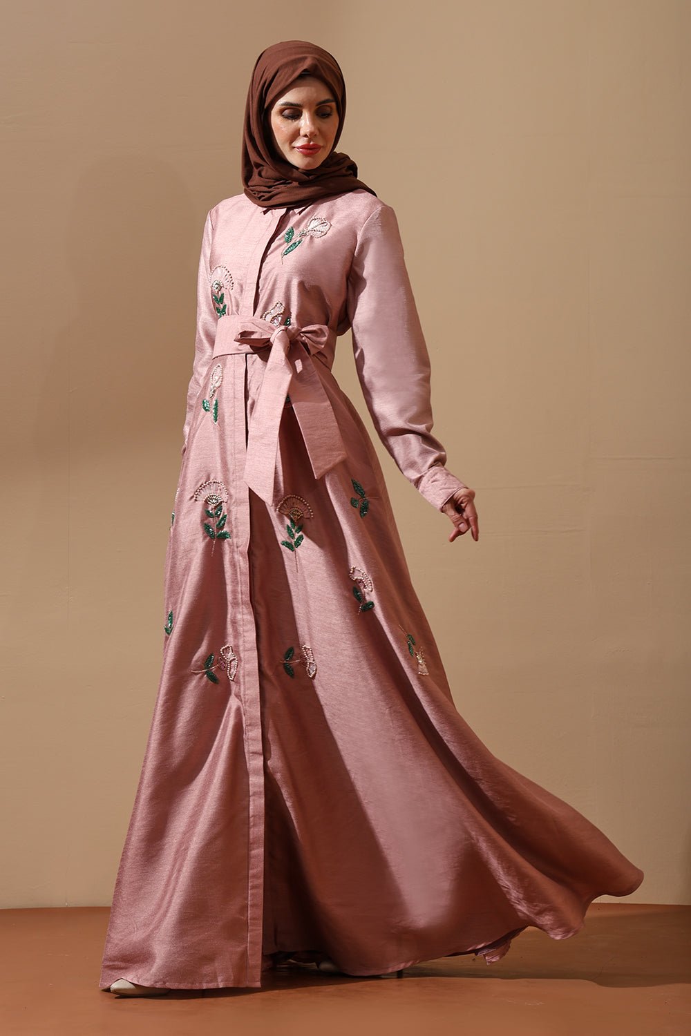 Blush Bloom Embroidered Belted Abaya Dress - EastEssence.com