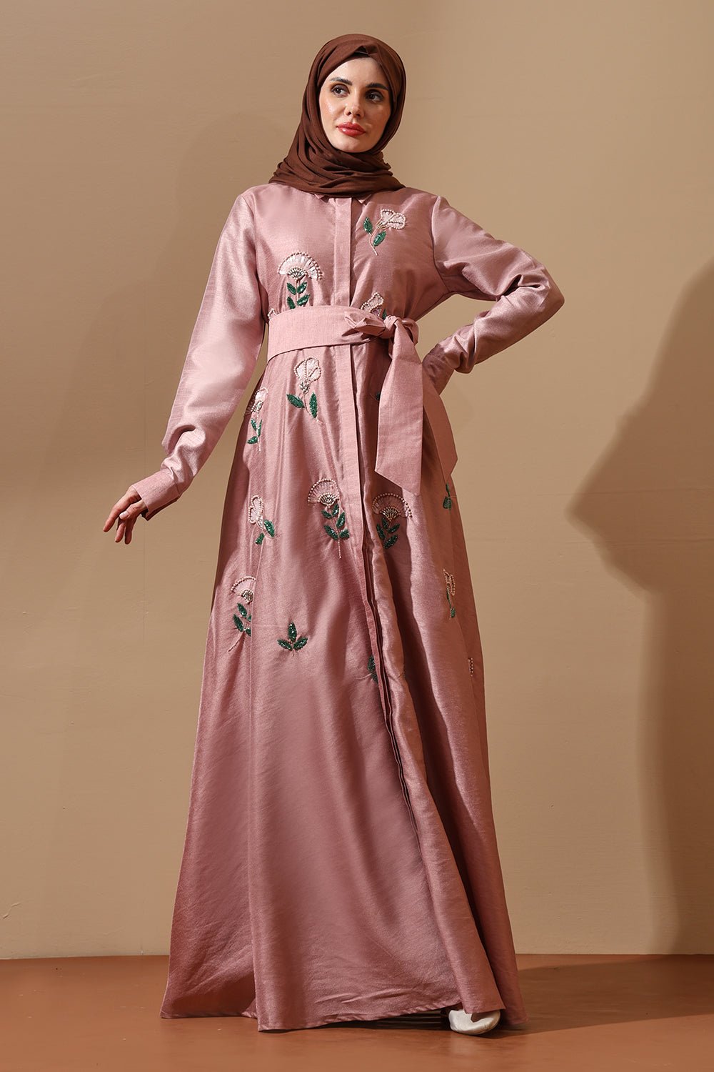 Blush Bloom Embroidered Belted Abaya Dress - EastEssence.com