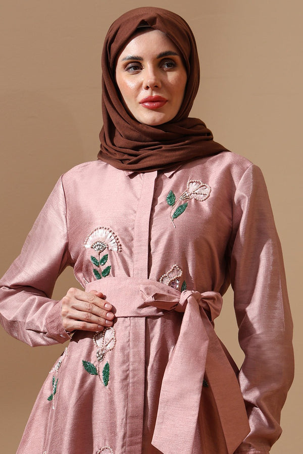 Blush Bloom Embroidered Belted Abaya Dress - EastEssence.com