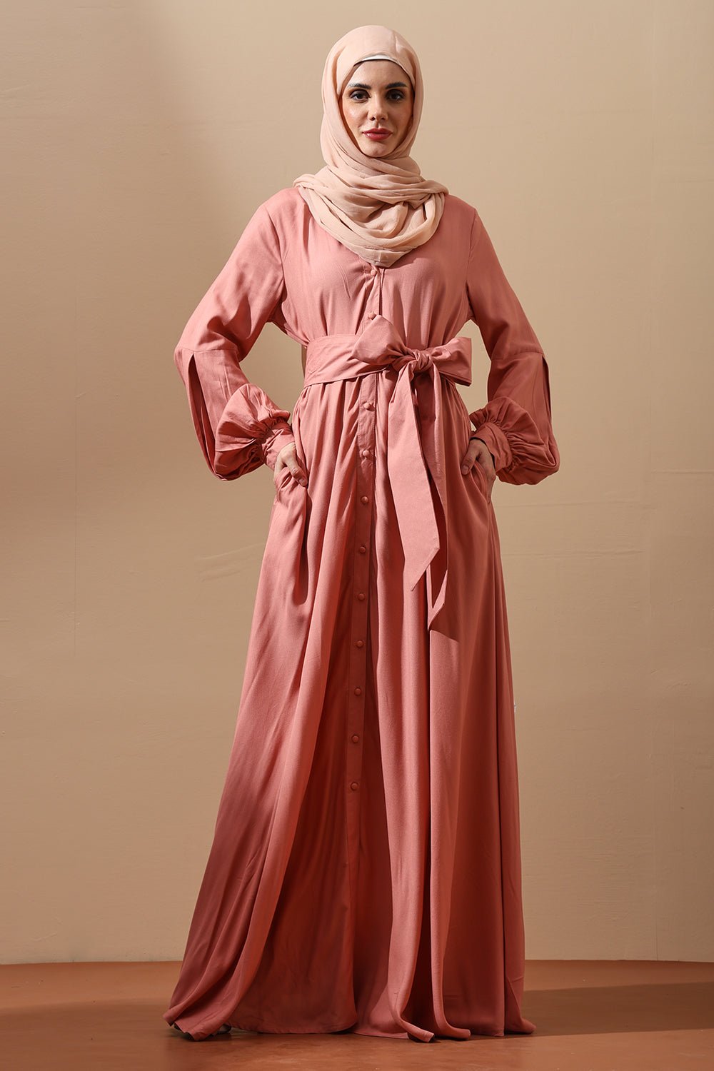 Blush Pink Button - Down Belted Abaya Dress - EastEssence.com