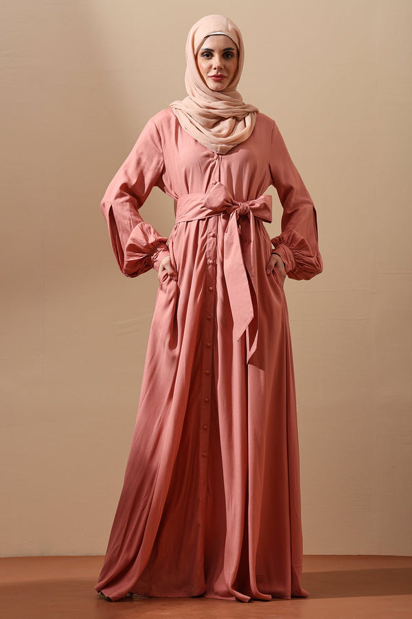 Blush Pink Button - Down Belted Abaya Dress - EastEssence.com