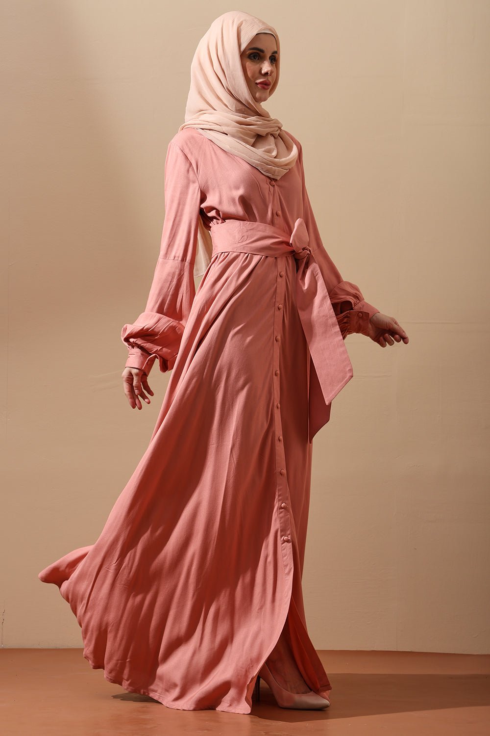 Blush Pink Button - Down Belted Abaya Dress - EastEssence.com